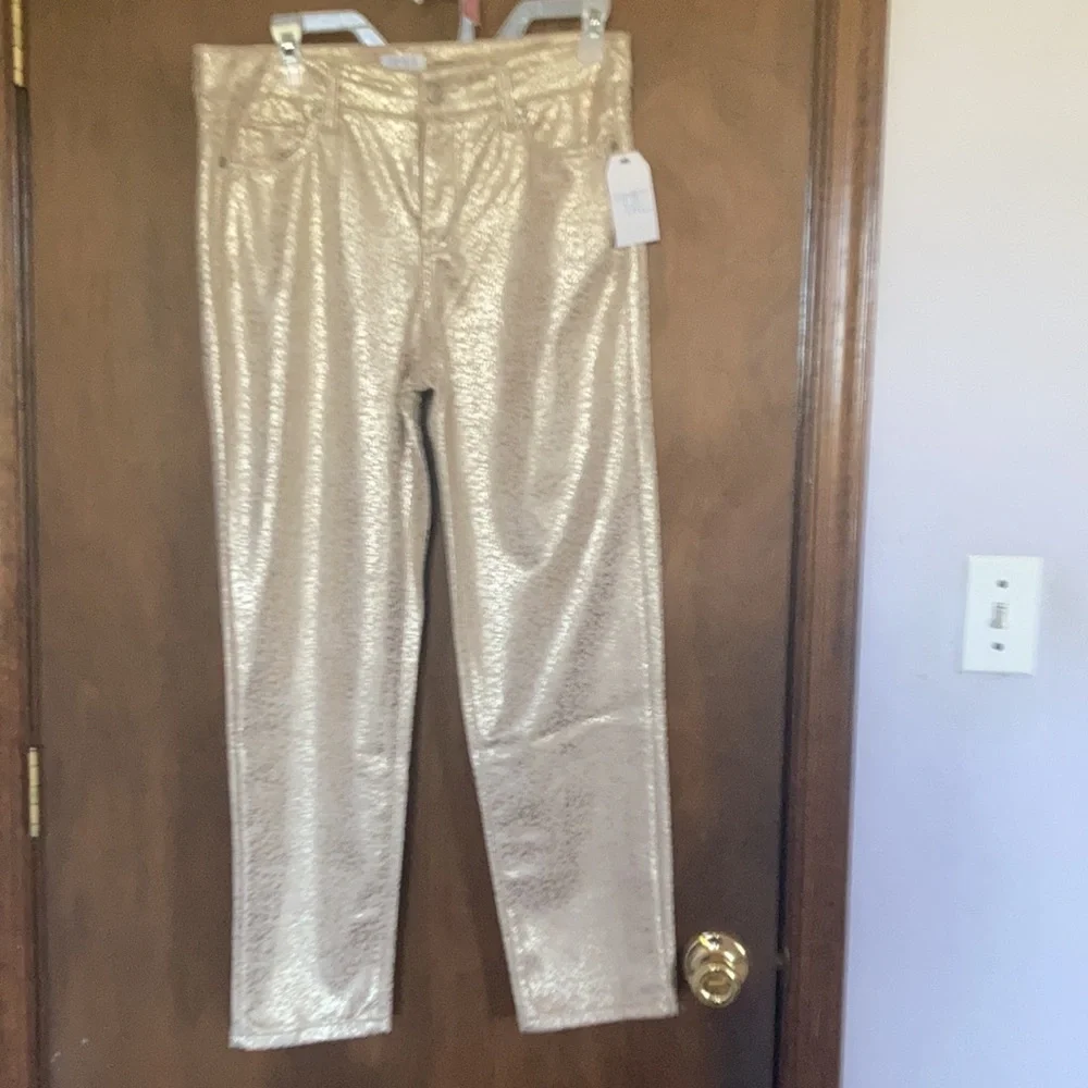 Relist2/20 Mid rise slim fit straight pant w metallic gold spatter print - Picture 7 of 16